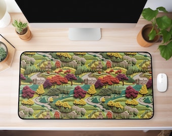 Whimsical Countryside Landscape Desk Mat, Farmhouse Nature-Inspired Office Decor Mouse Pad, Keyboard Mat Gift, S M L XL