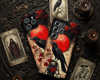 Dark Gothic Raven Phone Case, Faux Wood Red Moon Skull Design
