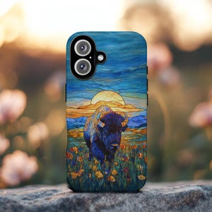 Bison Phone Case, Stained Glass Effect Nature Wildlife Art Gift, For iPhone 16 15 14 13 Samsung S25 24 23 22 ALL MODELS Phonecase