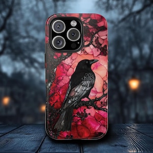 Gothic Raven Bird Stained Glass Effect Phone Case, Fantasy Dark Goth Full Moon iPhone 16 15 14 13 12 11 Case Samsung S21 22 23 24 Phonecase