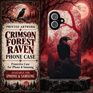 May include: A phone case featuring a black raven perched on a rock against a backdrop of red trees and a full moon. The design includes a dark, atmospheric forest scene with deep red and black tones, covering the entire back of the rectangular case.