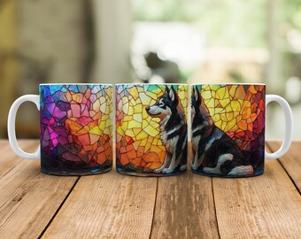 Alaskan Malamute Mug , Stained Glass Cup for Dog Lovers, Malamute Pet Owner Gift for Sled Dog Mom Dad, 11oz Ceramic Tea Coffee Mugs