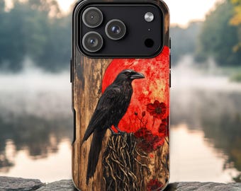 Gothic Raven Phone Case, Rustic Witchy Blood Moon Art Design