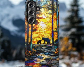 Brown Bear and Cub Phone Case, Stained Glass Nature Wildlife Gift, For Grizzly Bear Lover, For S25 24 23 22 21 20 10 Ultra Plus Phonecase