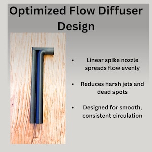 May include: A black, L-shaped diffuser design. The image includes the text "Optimized Flow Diffuser Design" and bullet points describing the product's features: even flow, reduced jets, and consistent circulation.