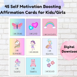 45 semplici carte di affermazione positiva per aumentare l'autostima dei bambini, stampabili, digitali, carte motivazionali, salute mentale delle ragazze, cura di sé