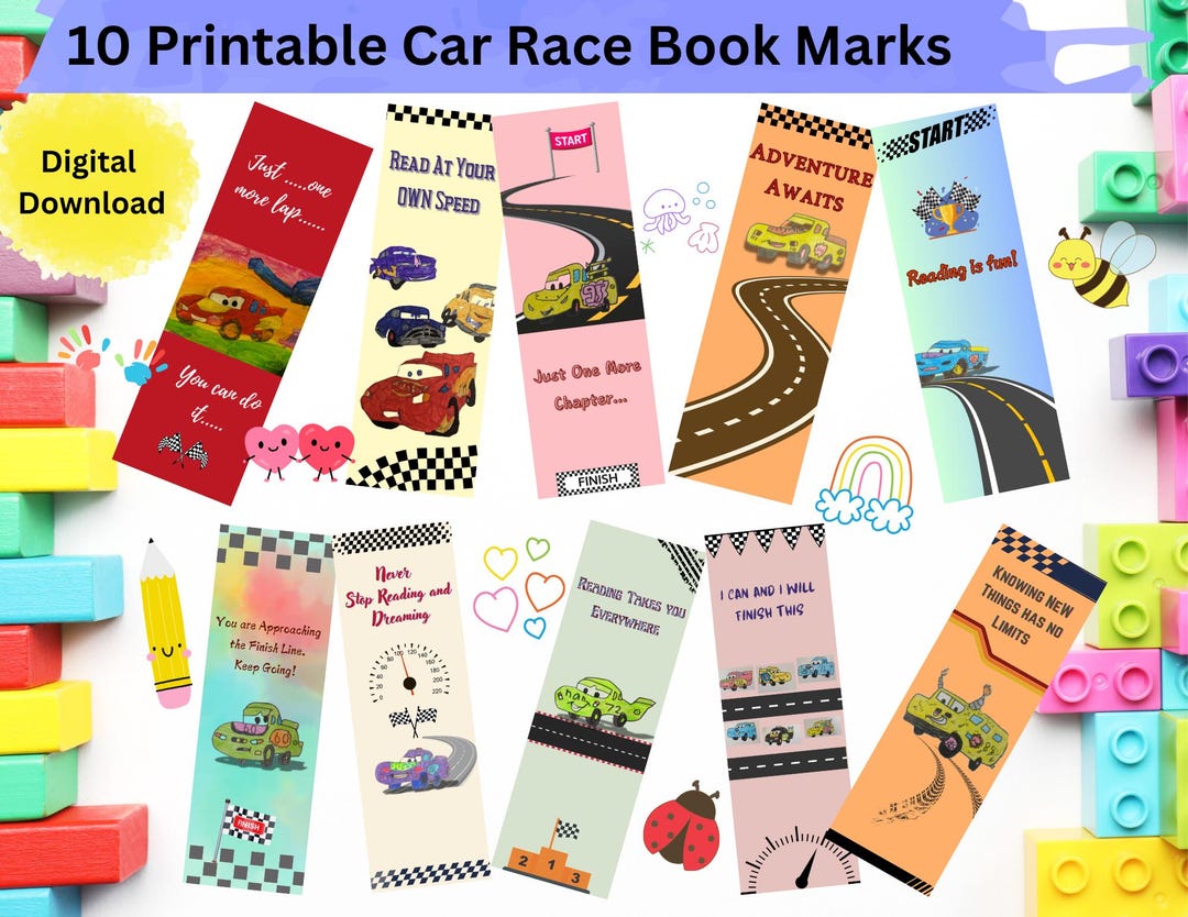 Ready, Set, Read! Kids Racing Car -hand Drawn Cars 10 Bookmarks ...