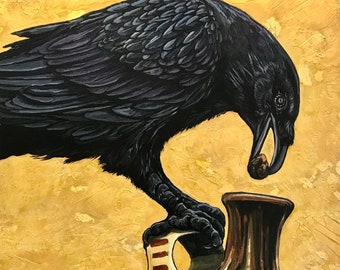 Aesop Fables, the Crow and the Pitcher of Water, Original painting, acrylic on canvas, gold pigment large painting, unique gift, Christmas