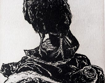 Goth, Wall Art, Raven artwork, Raven, crow, Etching, Raven and the Oyster shell, Creator Spirit, Unique gift,  gothic wall art, Christmas,
