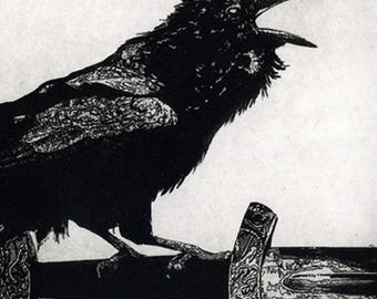 Holiday Unique Gift, Wall Art, Raven artwork, Raven, crow, Etching, Raven Art, Sword, Viking, Diptych, Huginn and Muninn