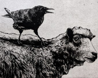 Holidays  Wall Art, Raven artwork , Raven, crow,  black bird, Sheep, Ram,  Aesop Fables,  etching, unique gift, Christmas