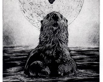 Holidays Wall Art, Raven artwork, Raven, crow, Black Bird, otters, Etching, creation, Unique gift, Goth Art