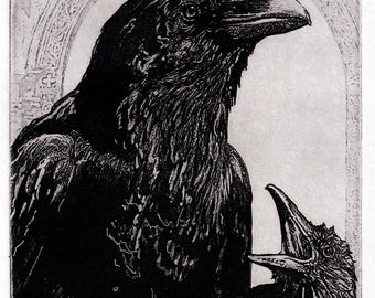 Holidays Wall Art, Raven artwork, Raven, crow, Madonna and Child, Etching, wall décor, handmade, Mother's Day, Mother and child. Egyptian.