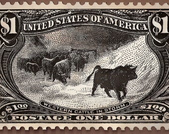 Western Cattle in Storm, US Postage Artwork,  Etching, stamp collector, unique  gift, scott 292 art