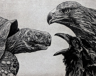 Aesop's Fables Print, Tortoise, Eagle and Raven Art, Original Artwork