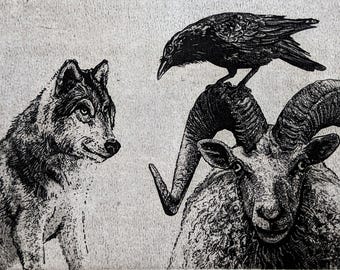 Holiday Wall Art, Raven artwork, Raven, crow, Halloween, Wolf, Ram, Aesop Fables, etching, unique Gift, handmade, Christmas Gift