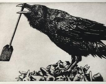 Wall Art, Raven artwork, Raven, crow, Tooth Fairy art, Etching, goth art, unique art, tooth fairy décor, Halloween, Christmas