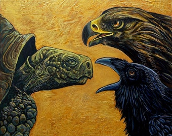 Aesop Fables, Tortoise and The Birds,  Original painting, acrylic on canvas, gold pigment large painting, unique gift