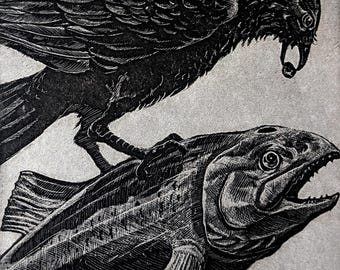Holidays  Wall art, Raven artwork , Raven, crow, Etching, Salmon, Raven Helps Salmon to Swim, Unique gift