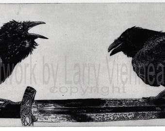 Holiday Unique Gift, Wall Art, Raven artwork , Raven, crow, Etching, Raven Art, Sword, Viking