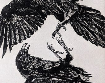 Holiday Wall Art, Raven artwork, Raven, crow, etching, Love Story, love birds, unique gift, Fly With Me, Valentine Gift, Christmas Gift