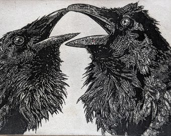 Valentine's Day, Wall Art, Raven Love Story, Raven, crow, Black and White, Love Story,  Etching, unique gift,