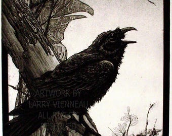 Goth, Wall Art, Raven artwork, Raven, crow, Etching, Raven Feather, Creator Spirit, Unique gift,  gothic wall art, Christmas, Feather