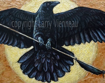 The Raven and the Arrow, Original painting, acrylic with gold pigments on canvas,, 18” x 48” inch