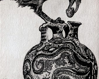 Crow and Pitcher Etching, Aesop Fable Art, 5x7 Handmade Print