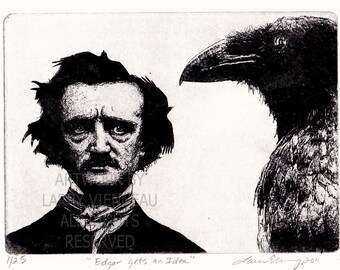 Holidays  Wall Art, Edgar Allan Poe, Nevermore, Raven artwork, Raven, crow, Etching. Poe and Raven, unique gift