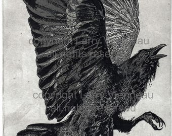 Three-Legged Raven Etching, Sanzuwu Art Print, Japanese Yatagarasu