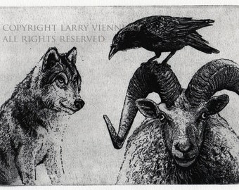 Wall Art, Raven artwork , Raven, crow, Halloween , Wolf, Ram,  Aesop Fables,  etching, unique Gift, hand made, Christmas Gift