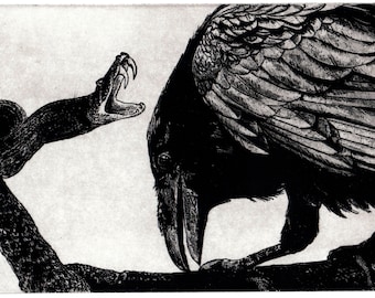 Wall Art, Raven artwork , Raven, crow,  black bird,  Snake , Aesop Fables,  etching, unique art,