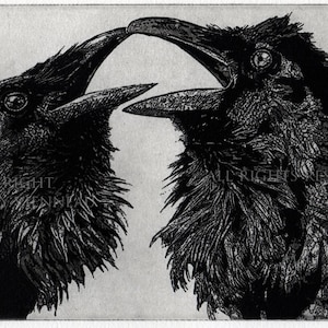 Valintine Day, Wall Art, Raven Love Story , Raven, crow, Black and White, Love Story,  Etching, unique gift,