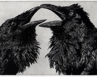 Valintine Day, Wall Art, Raven Love Story , Raven, crow, Black and White, Love Story,  Etching, unique gift,