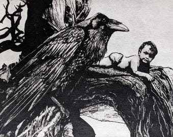 Holidays Wall Art, Raven artwork, Raven, crow, Black Death, Etching, wall décor, handmade, Betwixt and Between, Salomon Caw. Peter Pan.