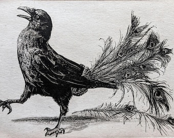 Holidays Wall Art, Raven artwork , Raven, crow, black bird, Peacock, Aesop Fables, Unique Gift, Crow Art Print, Wildlife Décor