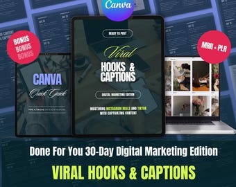 May include: A laptop computer screen displaying a digital marketing course titled "Viral Hooks & Captions: Done For You 30-Day Digital Marketing Edition". The course includes a Canva guide, 200+ faceless video library, and MRR + PLR.