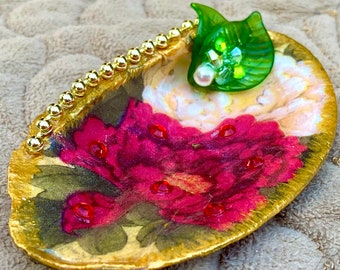 Peony Flower wedding ring dish handmade pottery IN STOCK Grammy Gift ring holder Green and Gold Heart