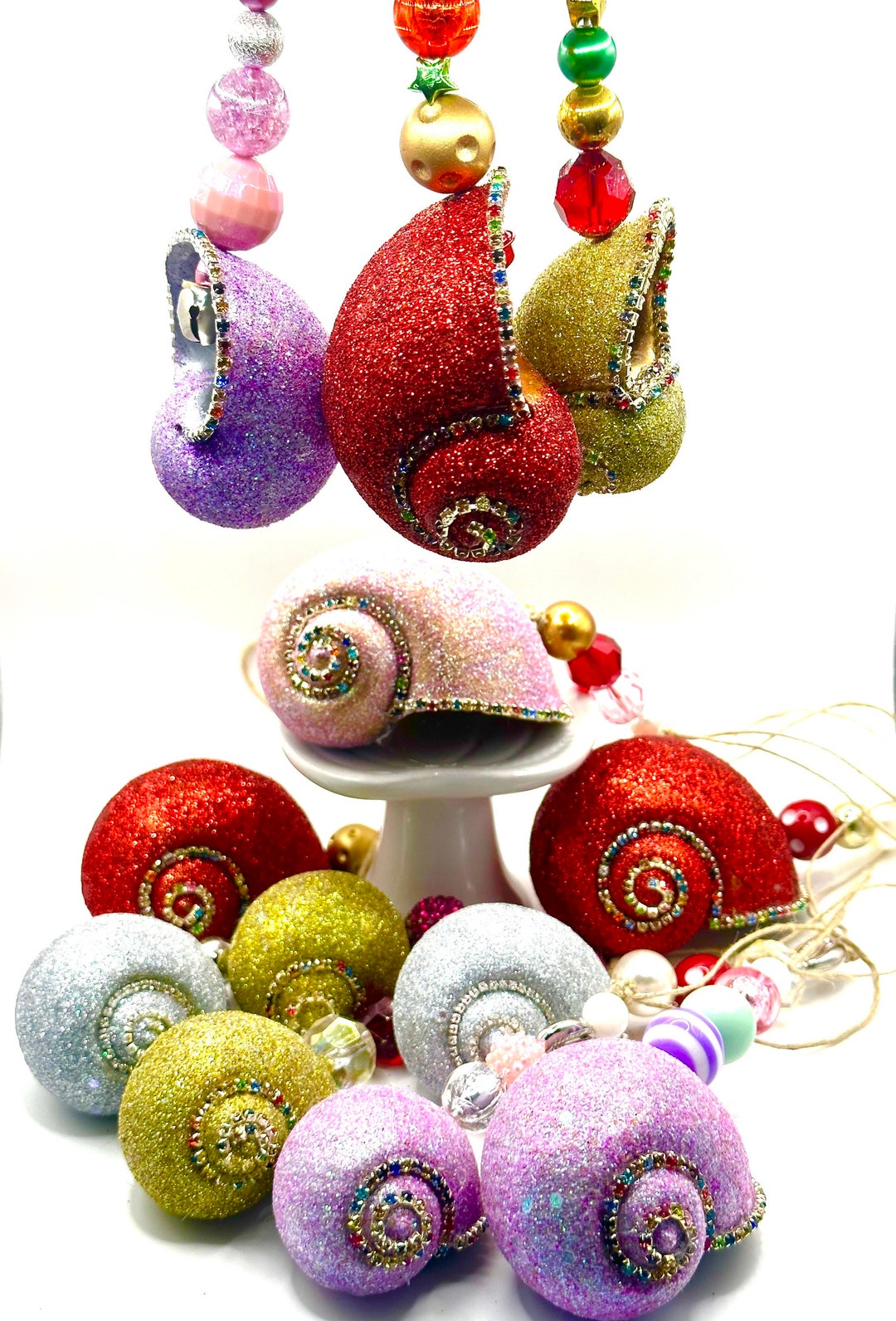 Handmade Shimmering Spiral Snail Shell Ornament, Beaded Coastal Decor ...