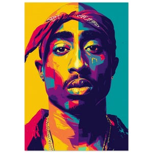 Könnte beinhalten: Ein lebendiges Pop-Art-Porträt einer Person mit rotem Bandana, goldener Kette und Bart. Das Kunstwerk verwendet eine kräftige Farbpalette aus Gelb, Türkis, Lila und Rot. Das Gesicht des Motivs ist in Abschnitte mit kontrastierenden Farben unterteilt.