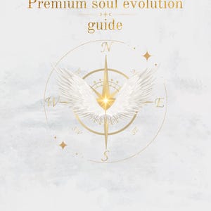Op de afbeelding: Witte achtergrond met gouden tekst "Premium soul evolution guide". Een gouden kompasontwerp met vleugels en de tekst "Pure Light Healers" is ook zichtbaar. De tekst "Self-discovery, health, purpose" staat eronder.