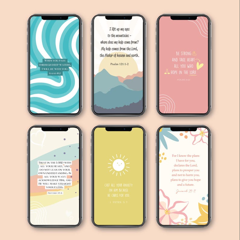 Puede incluir: Seis tel&eacute;fonos inteligentes que muestran citas inspiradoras y vers&iacute;culos b&iacute;blicos. Cada tel&eacute;fono presenta un dise&ntilde;o &uacute;nico con colores pastel, incluyendo azul, rosa, amarillo y blanco. Las citas est&aacute;n en una fuente de estilo manuscrito, con elementos florales y abstractos.