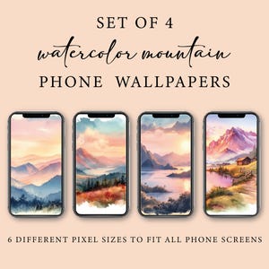 Conjunto de 4 fondos de pantalla para teléfono: Montaña de acuarela - Descarga digital