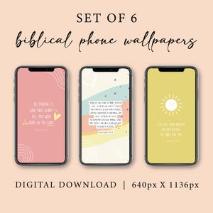 Puede incluir: Conjunto de 6 fondos de pantalla b&iacute;blicos digitales para tel&eacute;fonos. Cada tel&eacute;fono muestra un dise&ntilde;o diferente con citas inspiradoras y fondos de colores suaves. El texto incluye frases como "S&eacute; fuerte" y "Conf&iacute;a en el Se&ntilde;or".