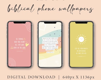 Puede incluir: Conjunto de 6 fondos de pantalla bíblicos digitales para teléfonos. Cada teléfono muestra un diseño diferente con citas inspiradoras y fondos de colores suaves. El texto incluye frases como "Sé fuerte" y "Confía en el Señor".