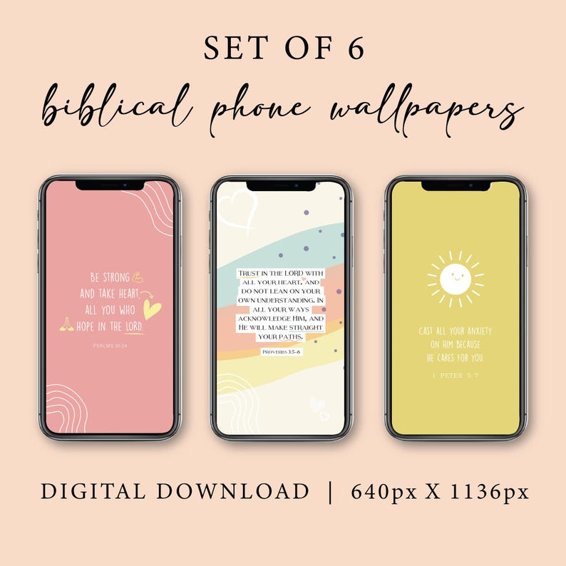 Puede incluir: Conjunto de 6 fondos de pantalla b&iacute;blicos digitales para tel&eacute;fonos. Cada tel&eacute;fono muestra un dise&ntilde;o diferente con citas inspiradoras y fondos de colores suaves. El texto incluye frases como "S&eacute; fuerte" y "Conf&iacute;a en el Se&ntilde;or".