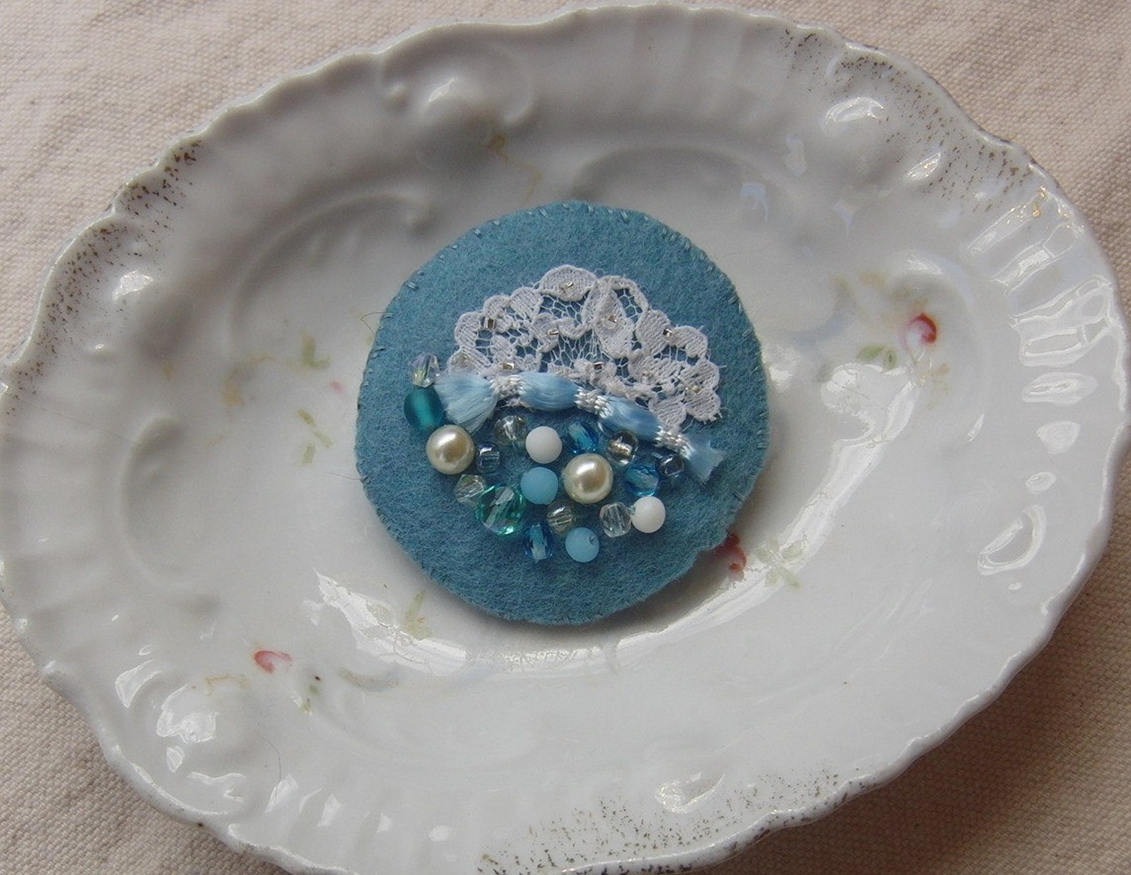 Blue Felt Pin Brooch With Beads Lace & Sparkle Etsy