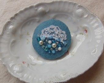 Blue Felt Pin Brooch with Beads, Lace & Sparkle