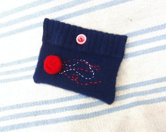 Cute Blue Felt Clutch Purse with Pretty Red Flower